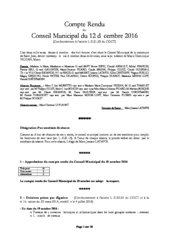 Compte rendu du Conseil municipal du  12 décembre 2016