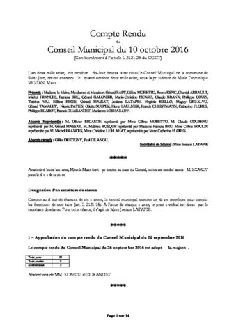 Compte rendu du Conseil municipal du 10 octobre 2016