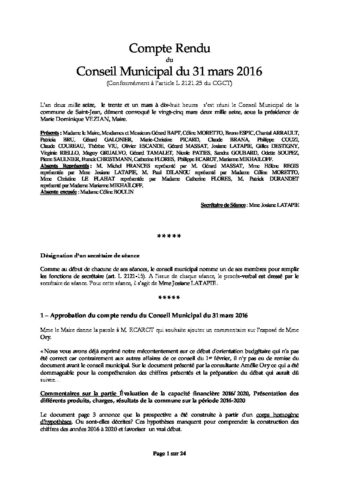 Compte-rendu du conseil municipal du 31 mars 2016