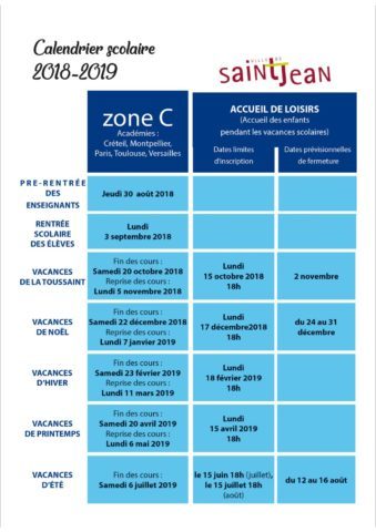 calendrier scolaire 2018-2019