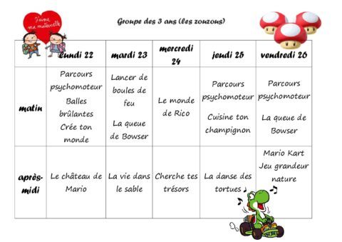 planning toussaint 1ere semaine