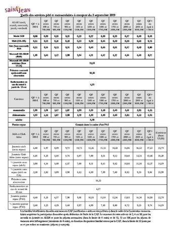 Grille tarifaire 2019-2020