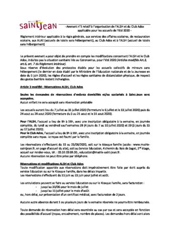 AVENANT Règlement intérieur – ALSH été 2020