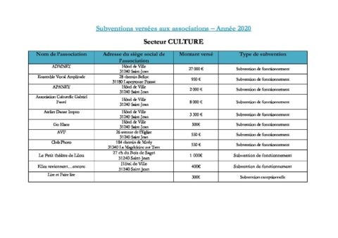 Subventions versées aux associations PUBLICATION SITE INTERNET 2020