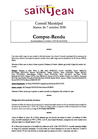 Compte rendu séance CM du 7 octobre 2020