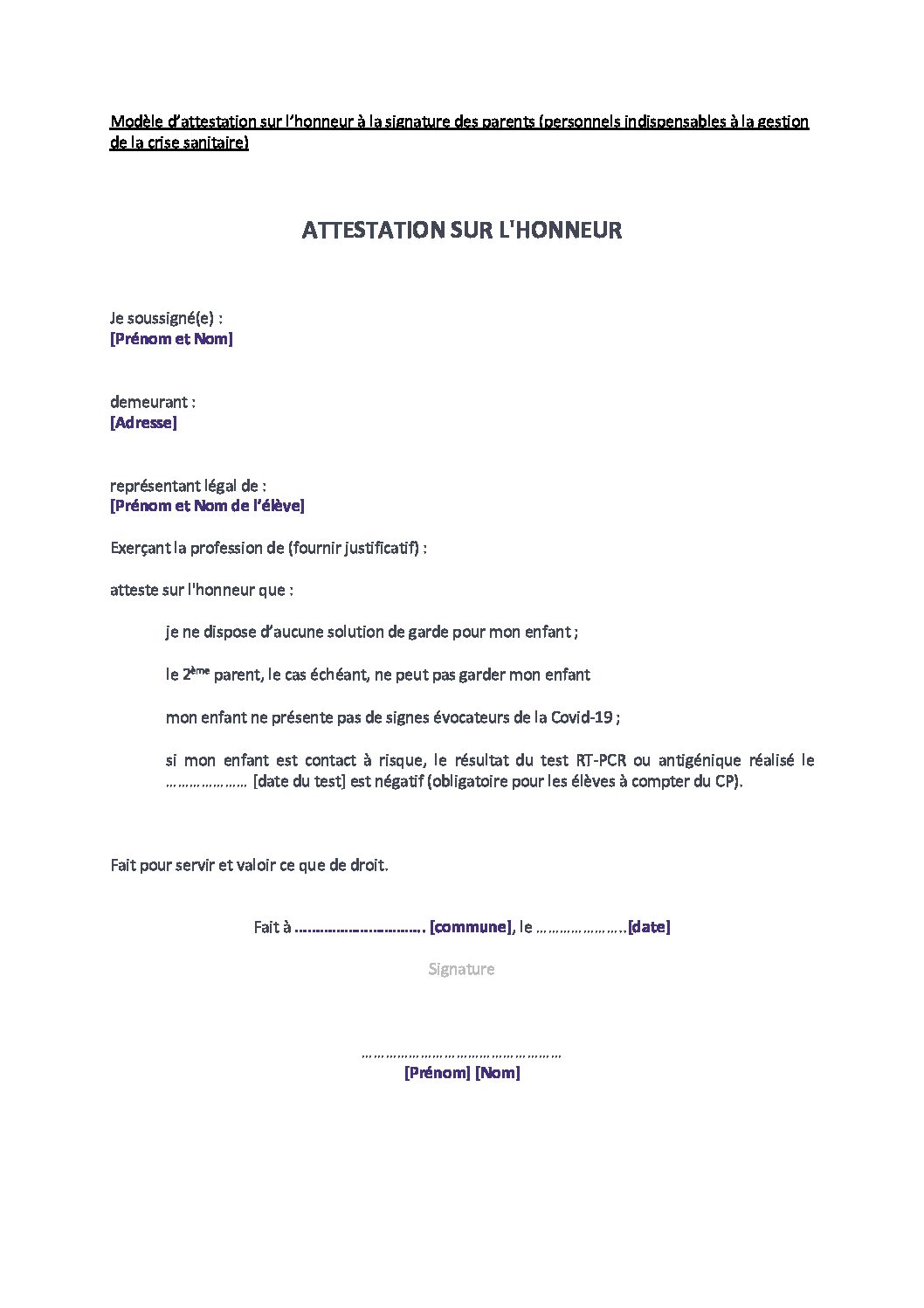 Modèle Attestation Sur L honneur Marché Public 2021 Word ALSH - Attestation sur l'honneur parents (1)[1] - Ville de Saint-Jean