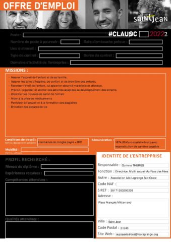 OFFRE EMPLOI 1-2022 MULTI ACCUEIL AU PAYS DES FEES SAINT JEAN