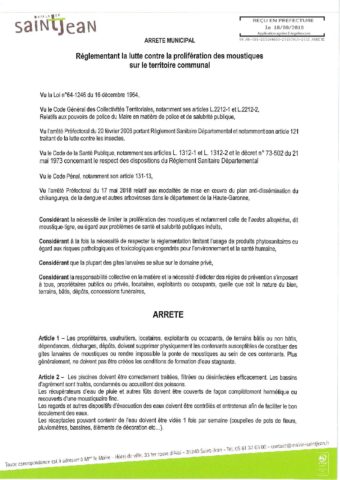 Arrêté lutte contre la prolifération des moustiques sur le territoire