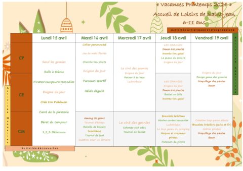 planning activite PRINTEMPS elem 2scnd semaine