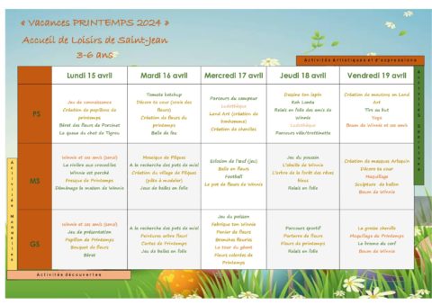 planning activite PRINTEMPS mater 2nd semaine