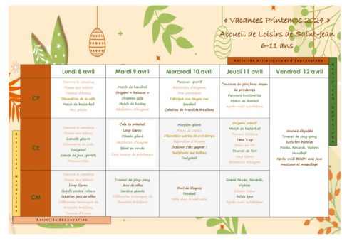 planning activite PRITEMPS elem 1er semaine